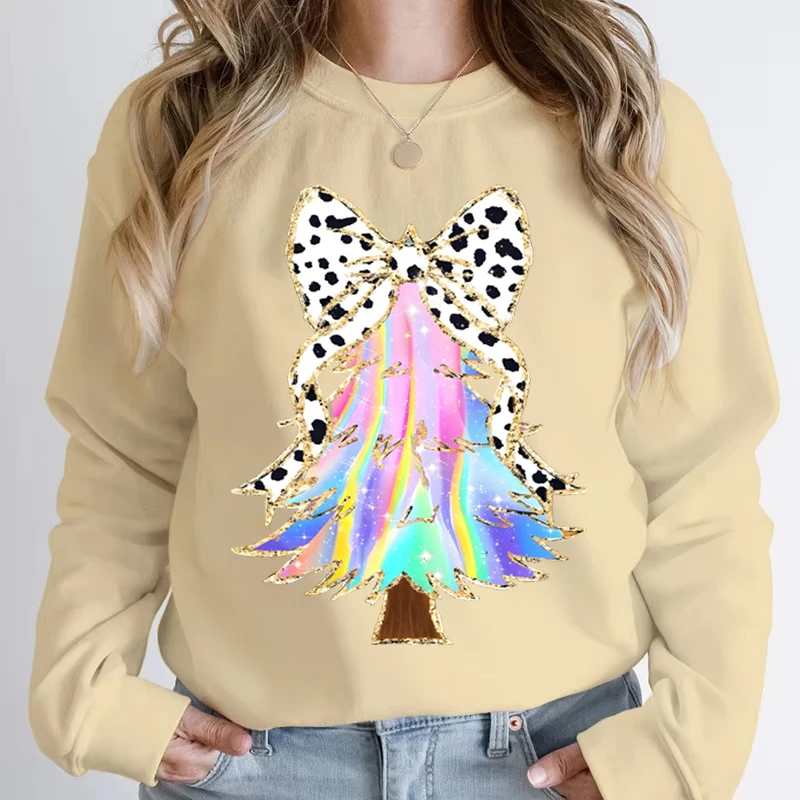 Women\'s Christmas Tree Printed Sweatshirt Vintage Aesthetics Round Neck Long Sleeve Sportswear Funny Xmas Tree Creative Hoodies
