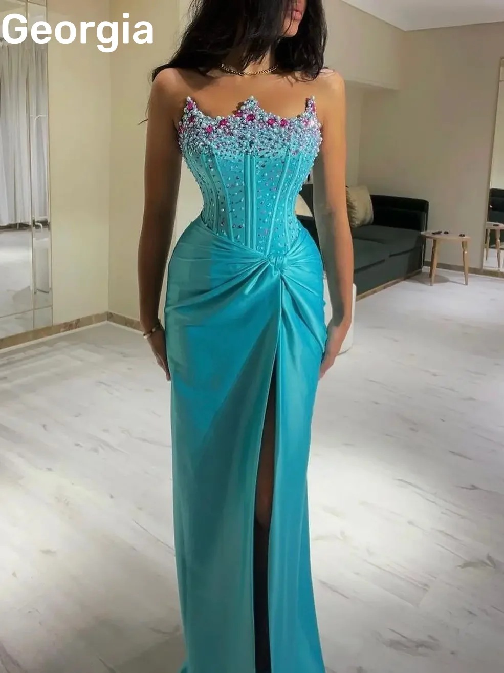 Bainha dividida فسات intellimaveraSweetheart até o chão vestidos de baile beadings zíper até sem mangas plissado vestidos de ocasião formal