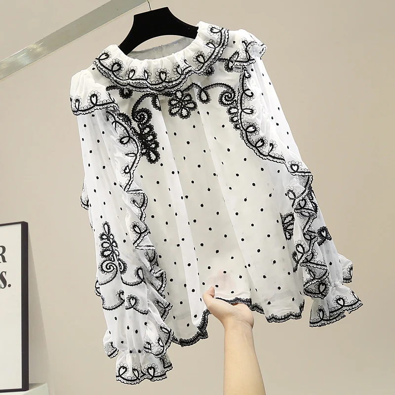 

Ele Chiffon Embroidered Lace Trim irt Heavy Work Bubble Long Sve Top Trendy Commute Sle round Ne Korean Version