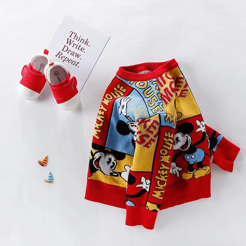 Autumn Winter Clothes Kid Boy Sweater Girl Thick Knitted Cotton Cartoon Mickey Mouse Print Children Pajama Coat Sweatshirts