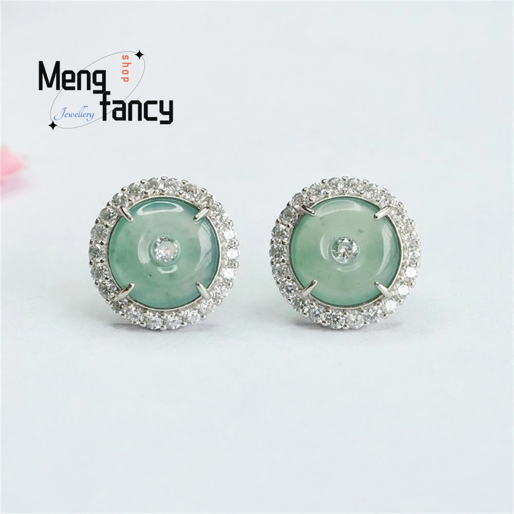 

S925 Silver With Natural Jadeite Ice Blue Horizontal Ping An button Earrings Exquisite Elegant Simple High-grade Fashion Jewelry