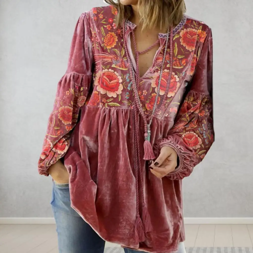 Women Top V Neck Retro Flower Long Sleeve Loose Drawstring Pullover Pleated Mid Length Streetwear Casual Lady Fall Sprin Blouse