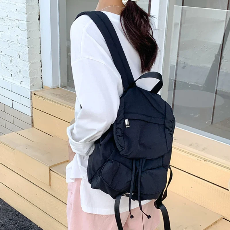 Bright Color Vigorous Backpack Women Student Large Capacity Ruched Nylon School Bag Solid Color Easy Designed Flap String Bag