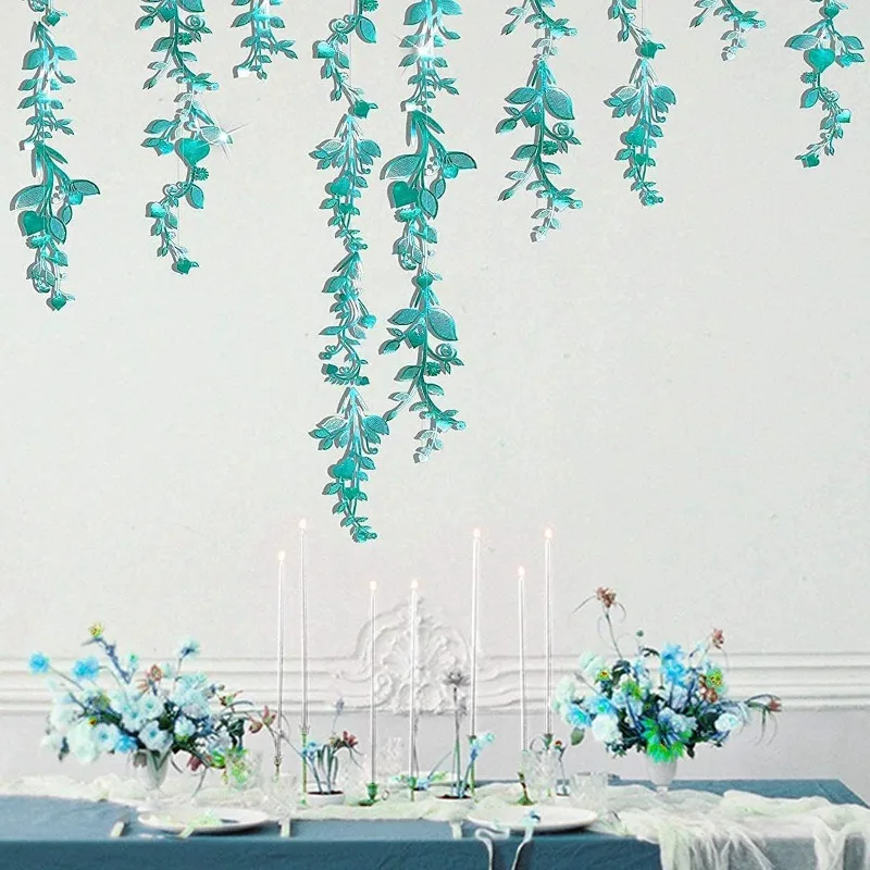 24Pcs Teal Blue Leaf Flower Banner Wedding Decorations for Emerald Greem Party Garland Hanging Leaves Vines Streamers Backdrop