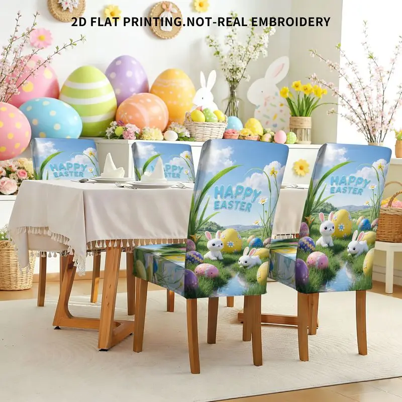 

Набор эластичных чехлов для обеденных стульев с 2D-принтом на тему Пасхи: весенний пасхальный пейзаж, мультяшный кролик, цветные яйца