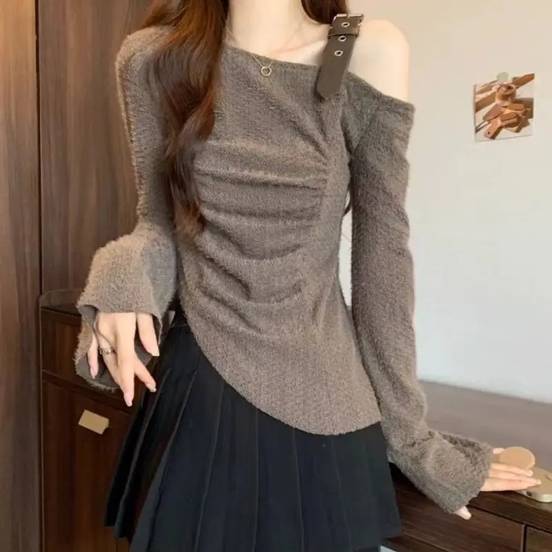 Pure hot girl pleated off-shoulder long-sleeved top slim fit stretch flare sweater