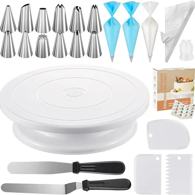 

71 baking sets, anti slip strips, turntable, piping bag converter, straight curved spatula, piping nozzle