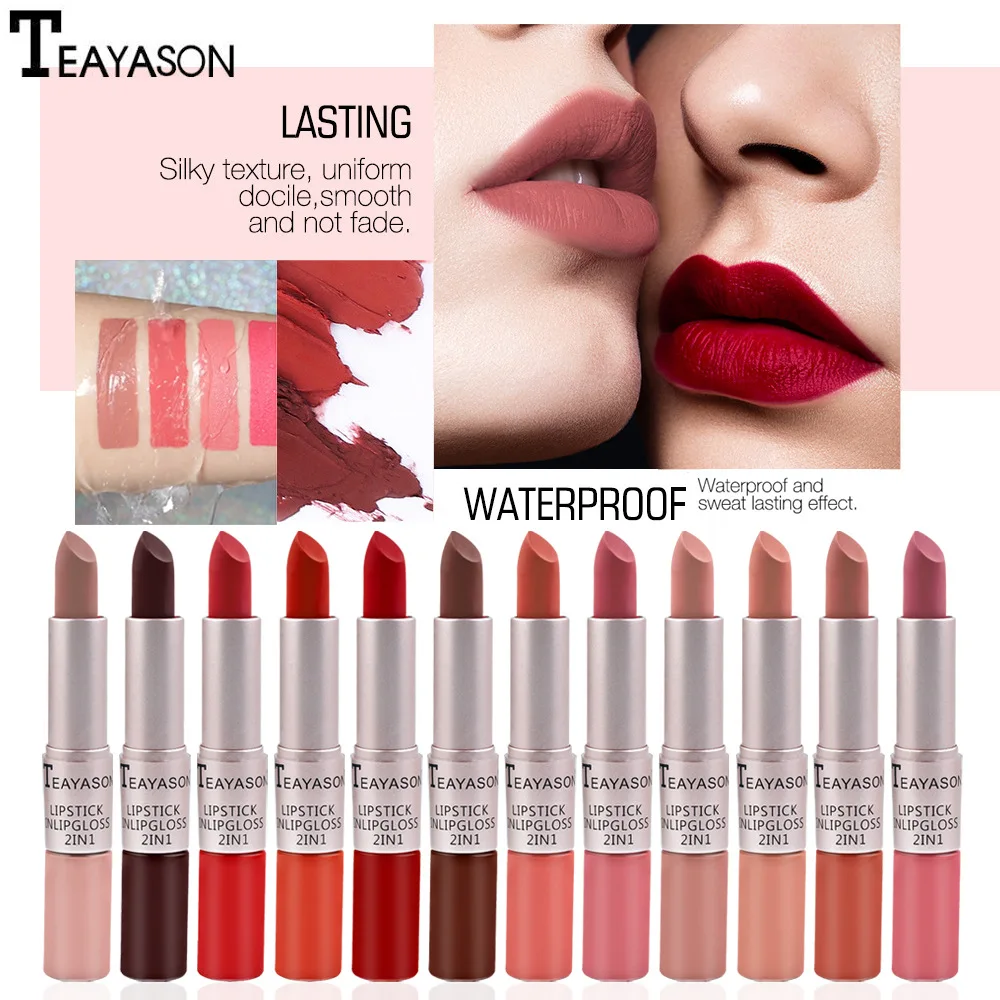 Long Lasting Velvet Matte Lipstick Double Head Lip Gloss Non-stick Cup Lip Gloss Tint Plumper Waterproof 2 in 1 Matte Red Lipsti - view 4