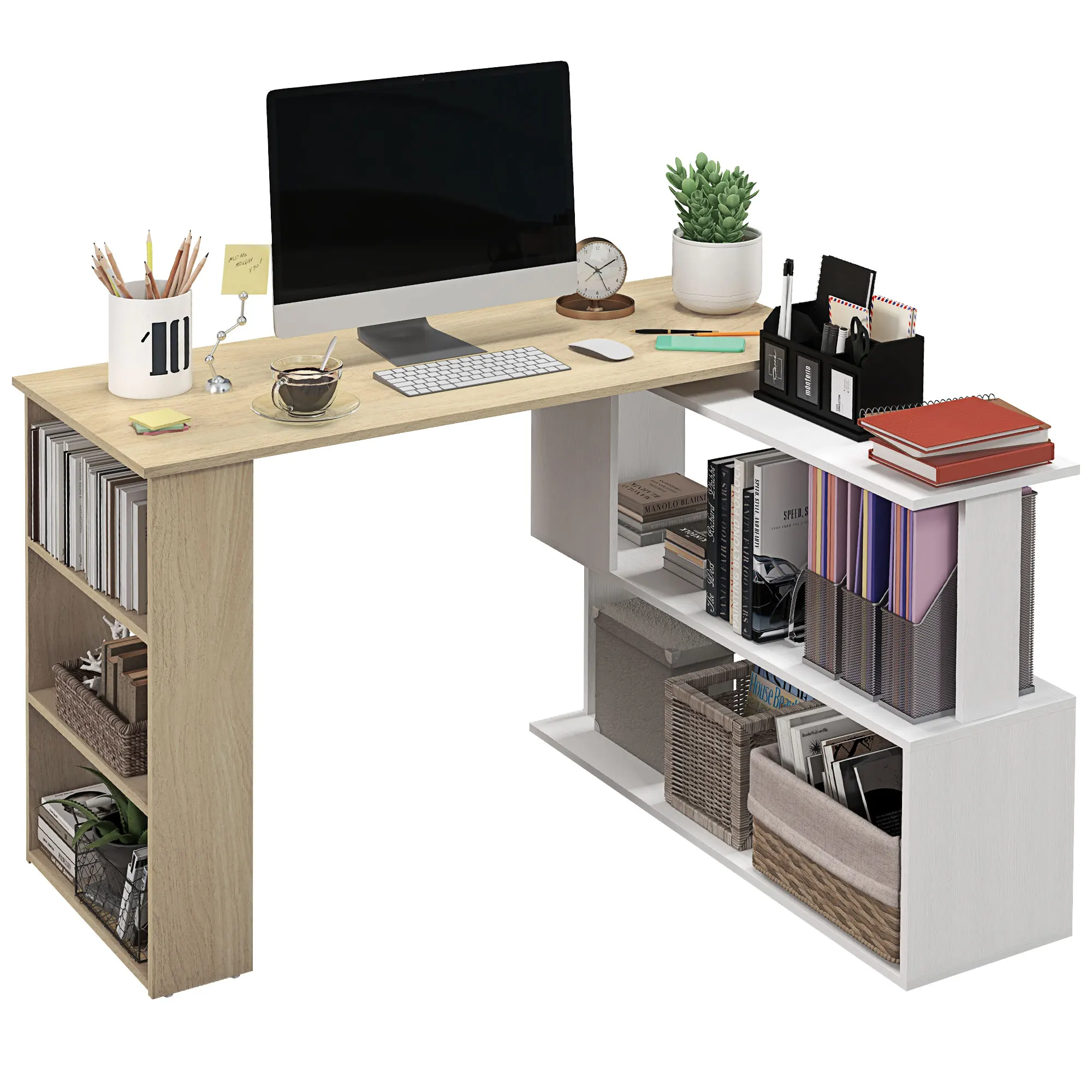 HOMCOM Escritorio en L con Estantería Mesa de Escritorio con Estantes para Oficina Estudio 120x110x74,5 cm Natural y Blanco