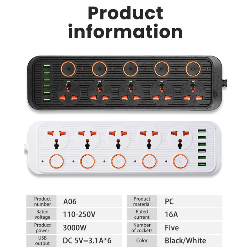 EU/UK/US Power Strip Plug Adapter With Extension Cable Electrical Sockets 6 USB Ports Smart Home Surge Protector Network Filter