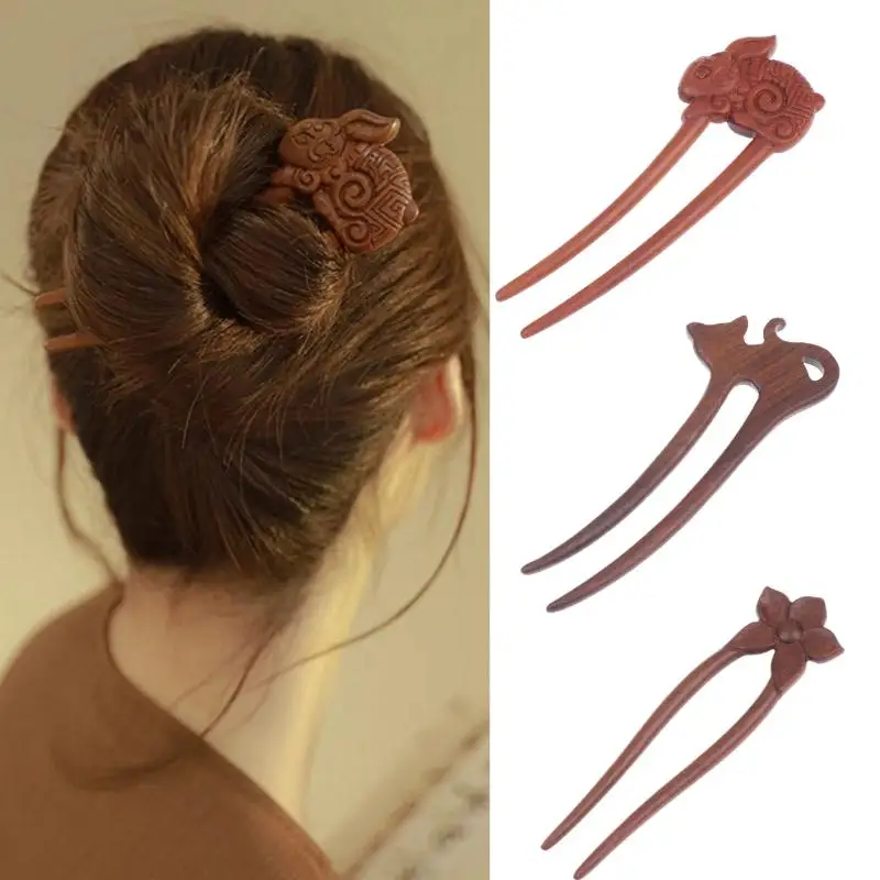 

Chinese Style U-Shaped Hair Fork-Wooden Hair Stick with Cat&Butterfly Carving,Vintage Bun Holder ,Elegant Hanfu Hair Accessories