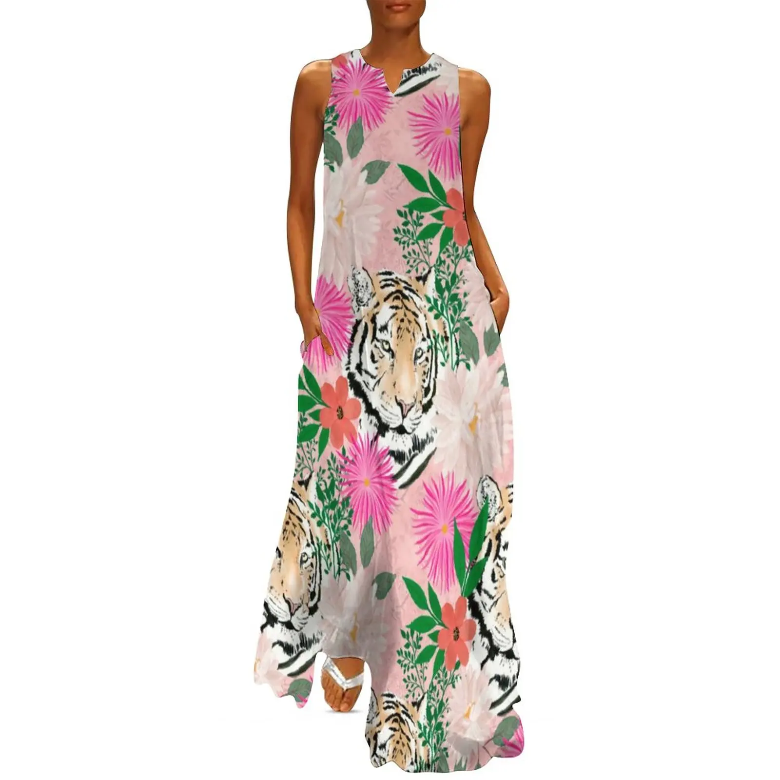 Tiger Animal Print Jurk Aquarel Bloemen Nachtclub Maxi Jurk Street Style Boho Strand Lange Jurken Zomer V-hals Vestidos