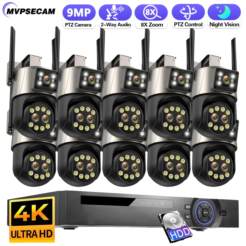 4K 10CH NVR 8X Zoom 9MP CCTV PTZ Camera 3Lens Dual Screen Monitoring Real-time Alert ICSEE Notification WiFi Surveillance System