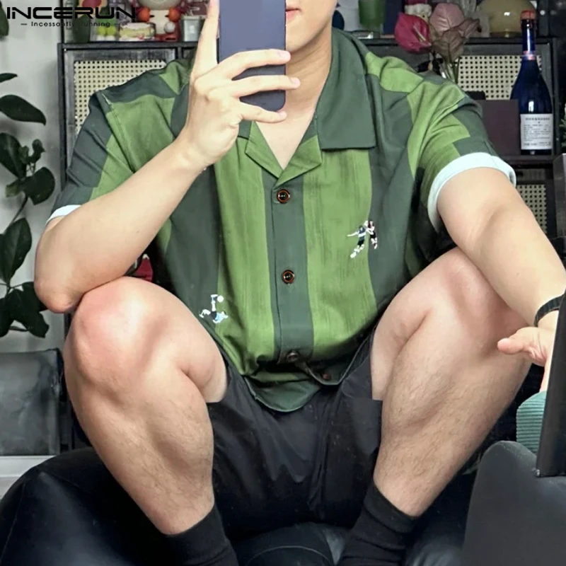 

INCERUN Men Shirt Striped Printing Lapel Short Sleeve Loose Casual Men Clothing Summer Streetwear 2025 Fashion Male Shirts Tops