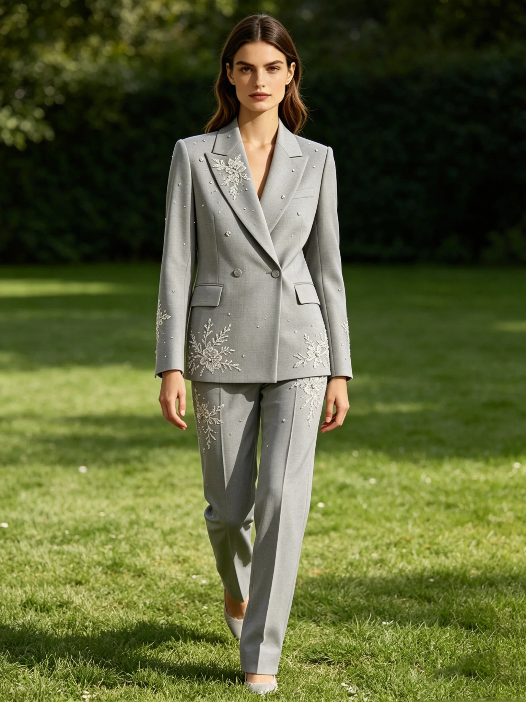 

Grey Crystals Women Suit Set 2 Pcs Blazer+Pants Spring Appliqued Formal Office Lady Jacket Customized Wedding Guest Coat