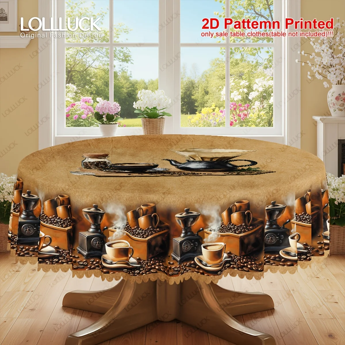One item, a coffee-themed tablecloth with a vintage coffee machine and coffee bean print design.zyc