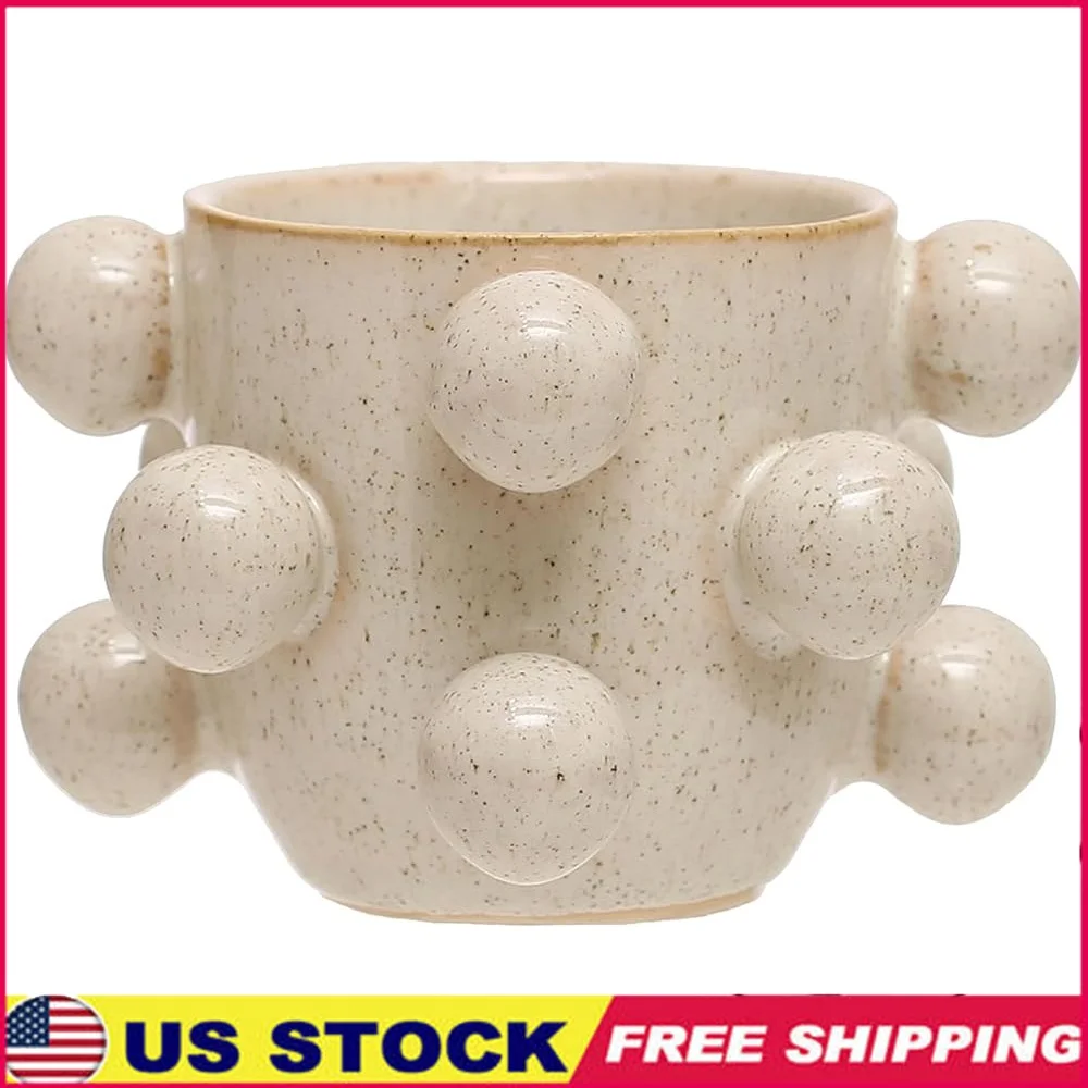 

4.25 Inch Round Stoneware Planter with Reactive Glaze Decorative Orbs Indoor Outdoor Plant Display Centerpiece