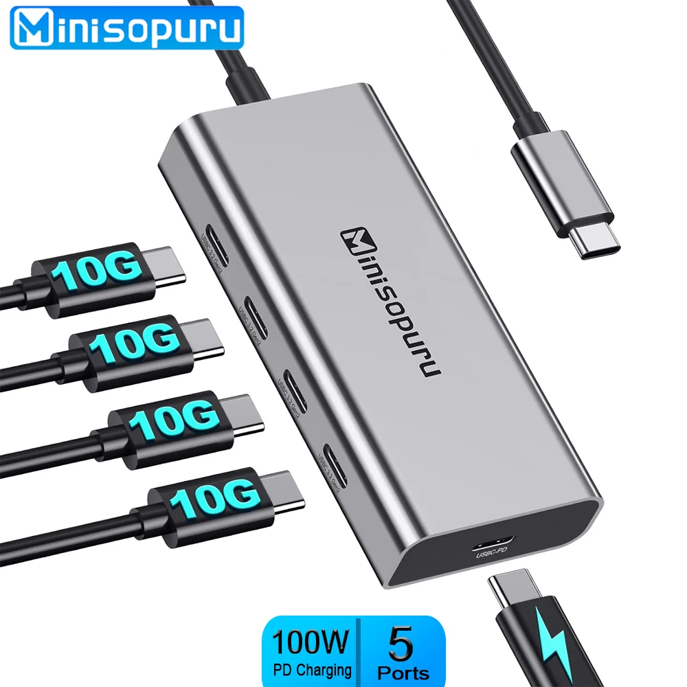 Minisopuru HUB USB C Hub 10Gbps Hub USB Type C to USB 3.2 PD 100W Adapter for Macbook Pro iMac PC Accessories USB Hub