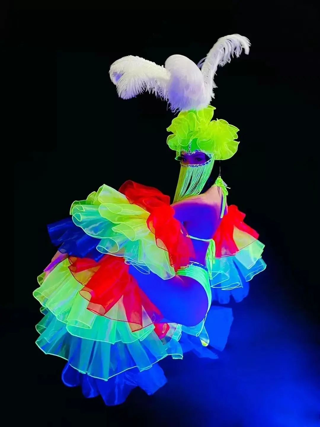 Colorful Puffy Yarn Leg Cover Bikini Outfit Fluorescent Rainbow Feather Tassel Headdress Women DJ DS Dance Team Gogo Performance