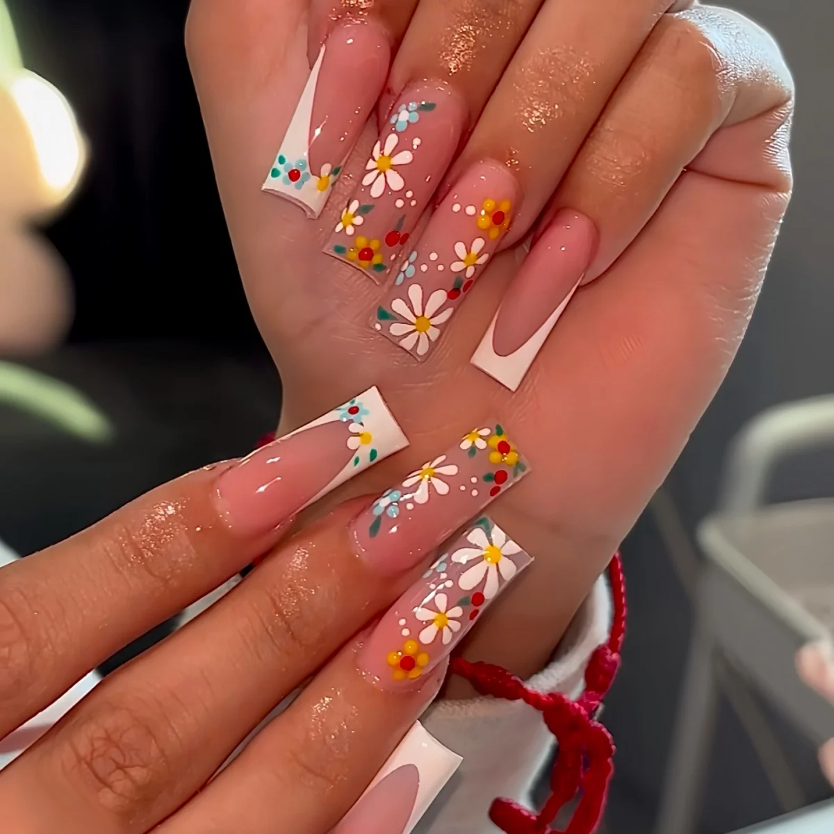 24 pçs rosa imprensa em unhas diamante cobertura completa dicas de unhas design flor longo quadrado bonito arco unhas falsas acabado caixão unhas falsas