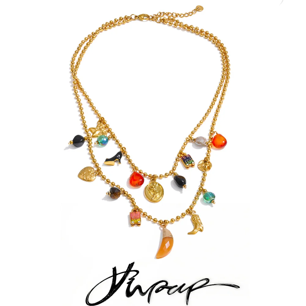 Yhpup Resin Acrylic Stone Heart Flower High Heels Drop Charms Necklace Stylish Unique Stainless Steel Double-Layer Chain Jewelry