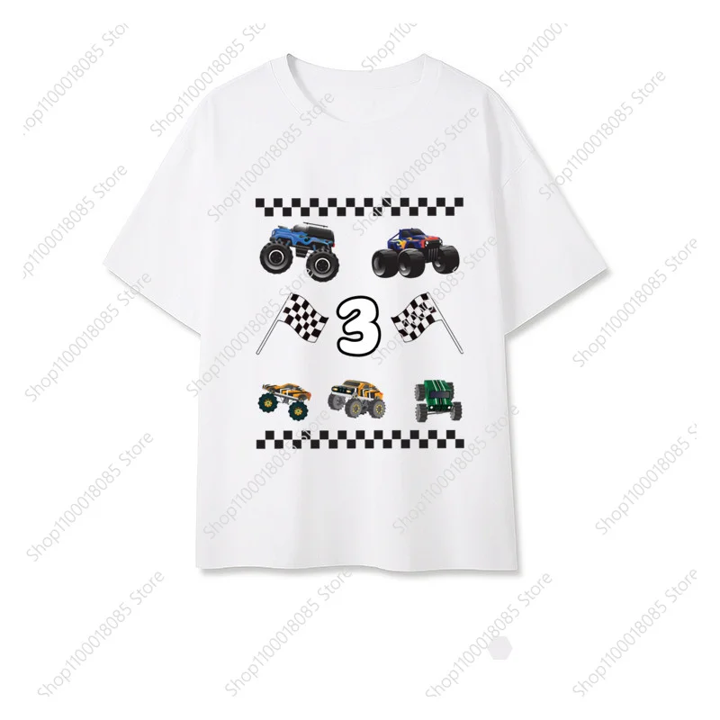 

Kids Race Cars Printed Birthday T-shirt 1-9 Birthday Top Boys and Girls Truck Theme Party Short Sleeved Shirt