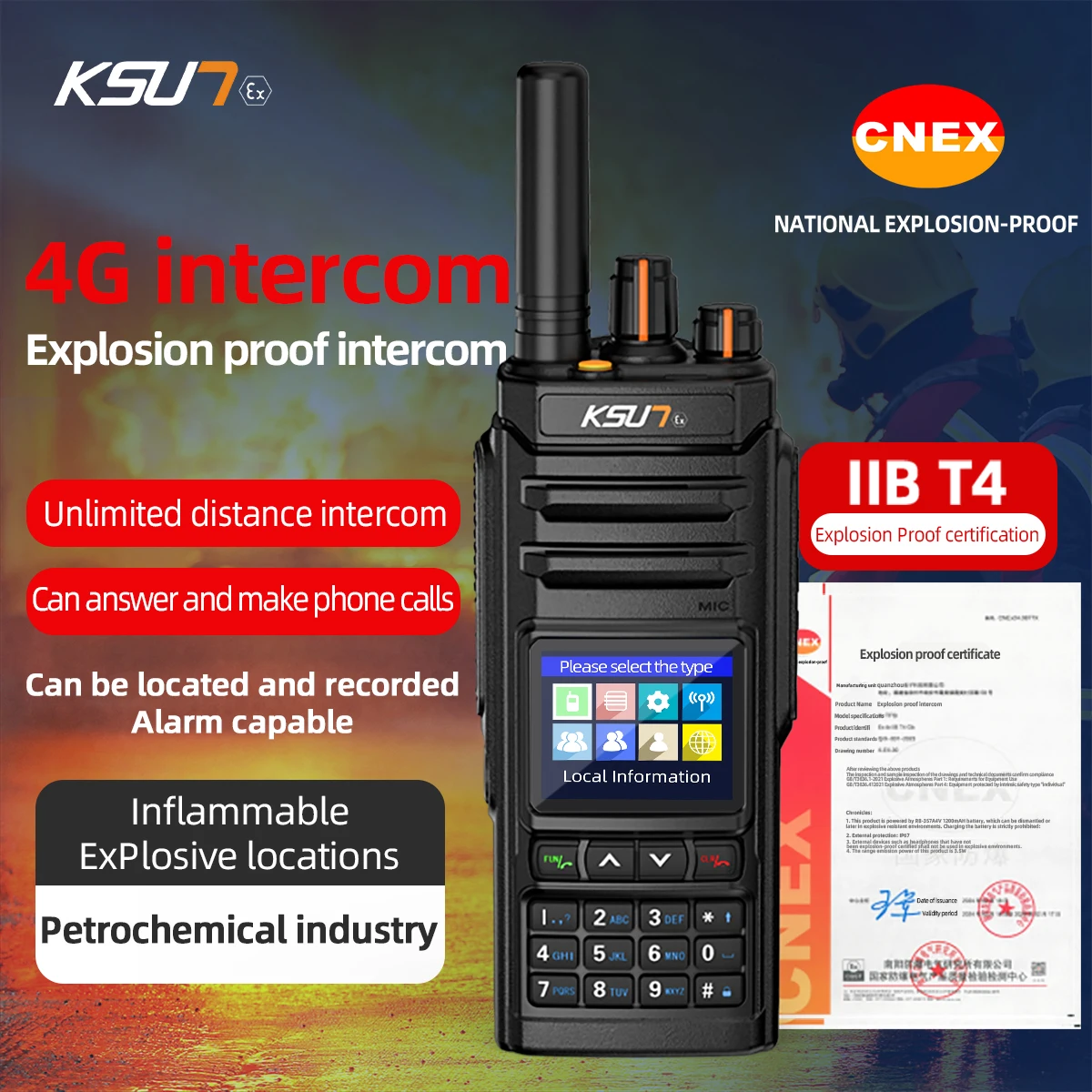 KSUN 4G POC Global Platform Network 5000km GPS Beidou Located Radio Explosion-proof Walkie Talkie for Petroleum Chemical CT82