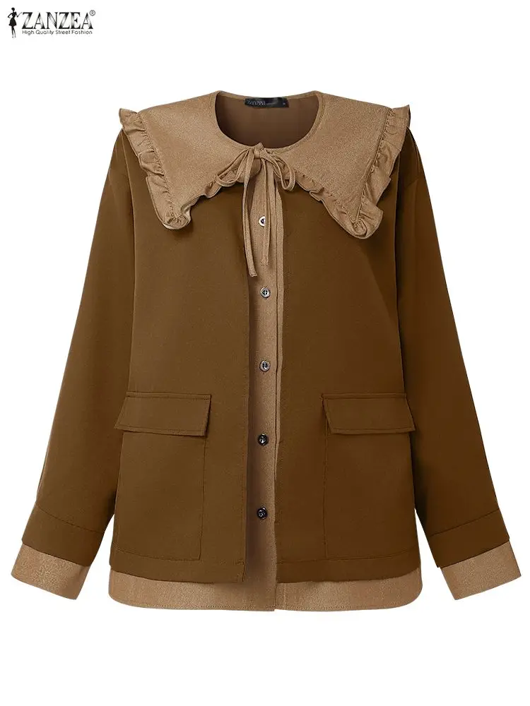 

ZANZEA модные пальто с длинными рукавами 2025 женские осенние лоскутные куртки из 2 предметов с карманами однотонные элегантные уличные пальто