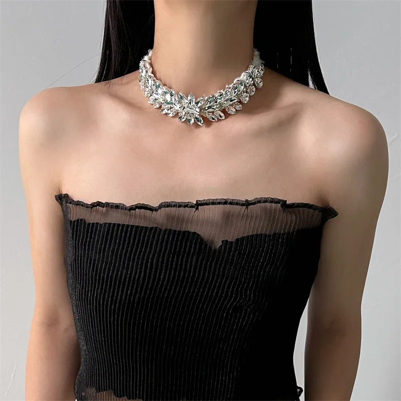 Rhinestone Choker Necklace Silver Diamond Chain Chunky Sparkly Crystal Chokers Women's Wedding Prom Costume Necklaces