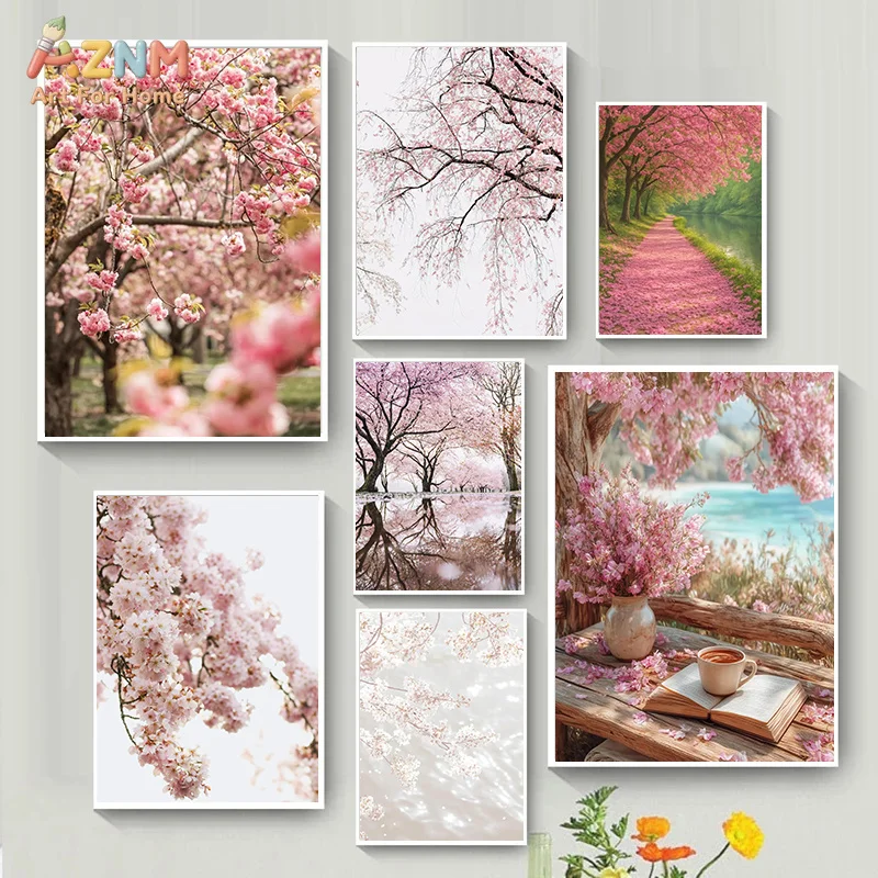 AZNM Unframed Canvas Print Cherry Blossom Wall Art Pink Sakura Spring Nature Landscape Home Decor Poster