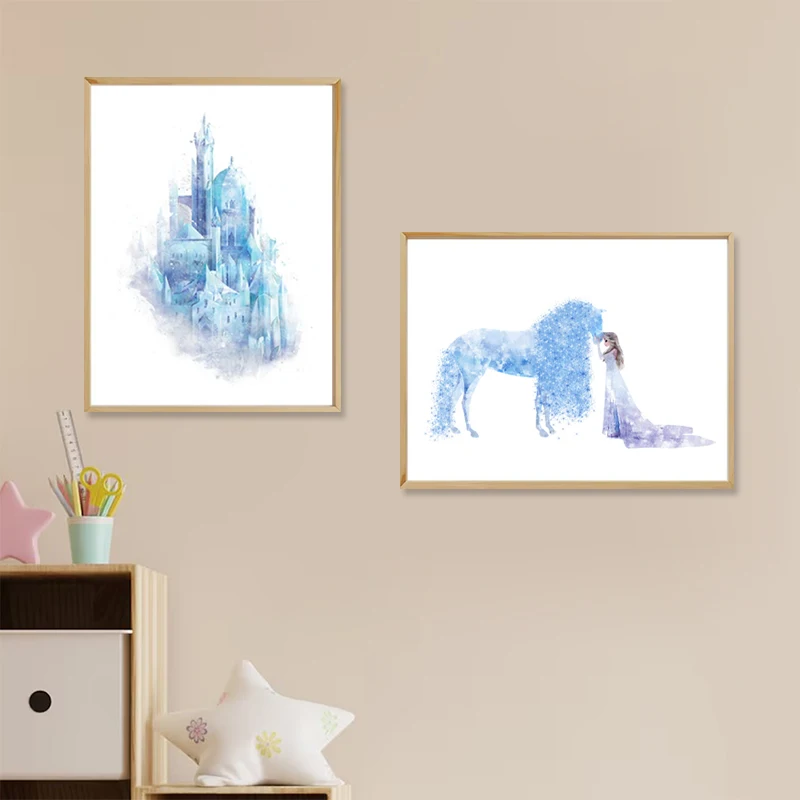 2pc/set Frozen 2 Elsa And Ice Horse Watercolor Art Painting Canvas Poster Frozen Castle Print Girls Birthday Gift Nursery Decor