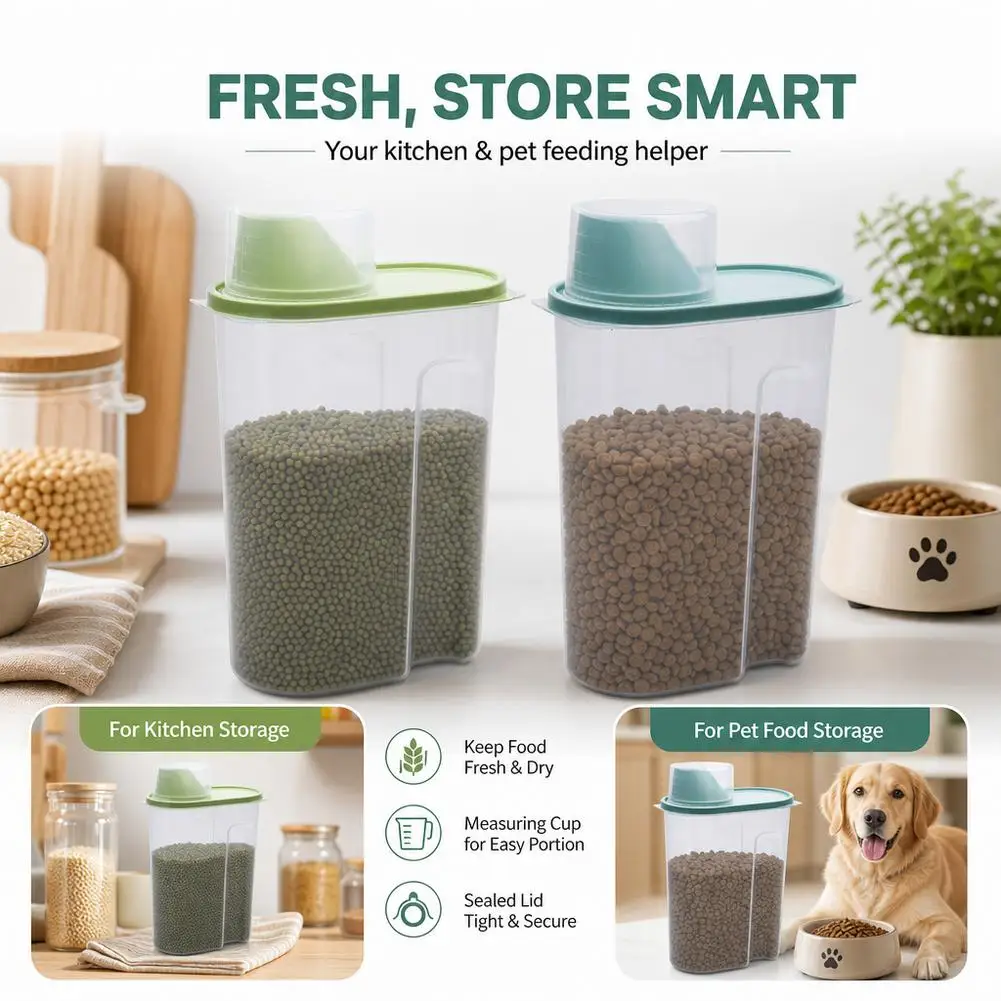 Food Storage Container Airtight Rice Bucket Measuring Cup Cereal Grain Dispenser Kitchen Pet Dog Cat Dry Feed Jar Box