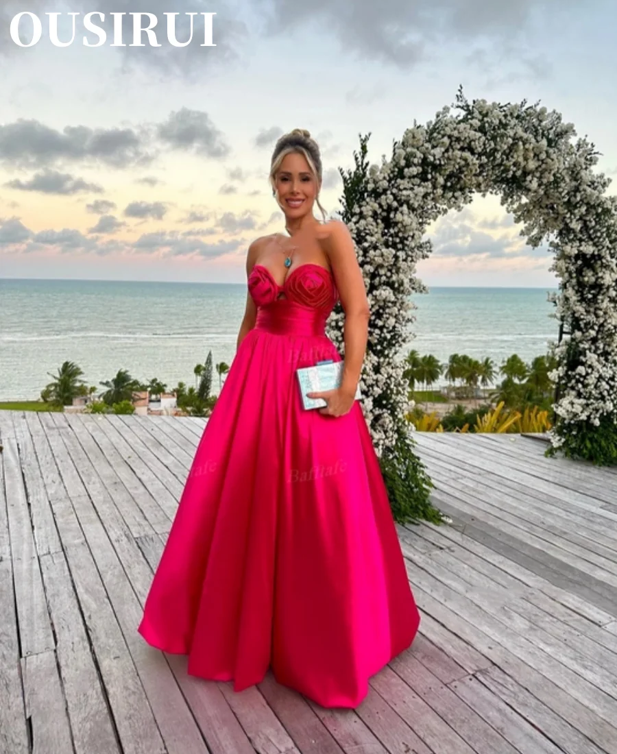 OUSIRUI Sweetheart Floor Length Women Formal Wedding Party Dress Evening Gowns 2024 Simple A Line Satin Prom Dresses Pleated