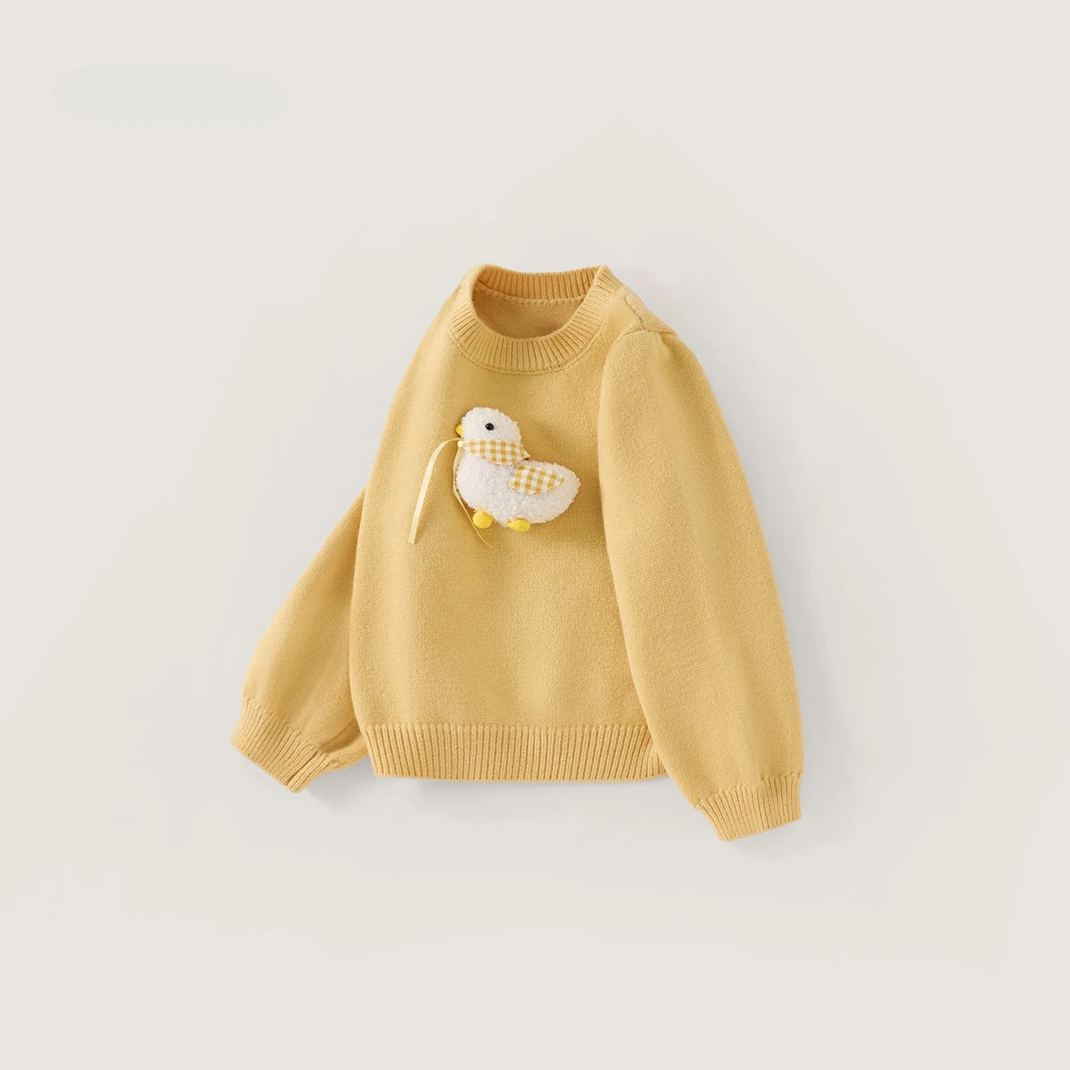 2026 Autumn Girls Round‑Neck Pullover Sweater 3D Duck Decor Puff‑Sleeve Soft Cozy Knit Top for Little & Medium Kids