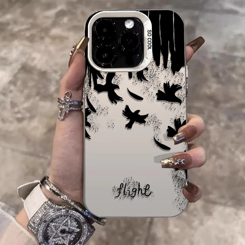 Phone Cases iphone 15 ProMax Case 11 13 12 14 Pro 7 8 Plus X XSMax XR Mini SE 2022 Laser Plated Shockproof Cover With Black Bird