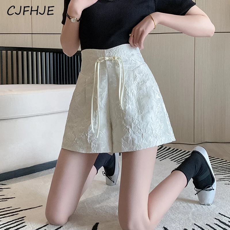 

CJFHJE Summer Women Retro Chinese Style Jacquard Button Shorts Fashion Versatile High Waist Women's A-line Thin Wide Leg Shorts