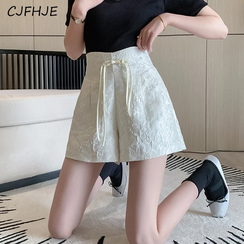 CJFHJE Summer Women Retro Chinese Style Jacquard Button Shorts Fashion Versatile High Waist Women\'s A-line Thin Wide Leg Shorts