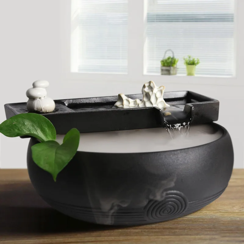 

Black Tabletop Fountains Creative Circulating Waterfalls Ceramic Feng Shui Living Room & Office Desktop Atomizing Humidifier