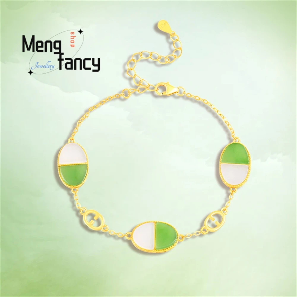 

S925 Silver-Inlaid Natural Old Material Hetian Jade Color-Blocked Oval Bracelet Luxury Quality Fashion Jewelry Charms Exquisite