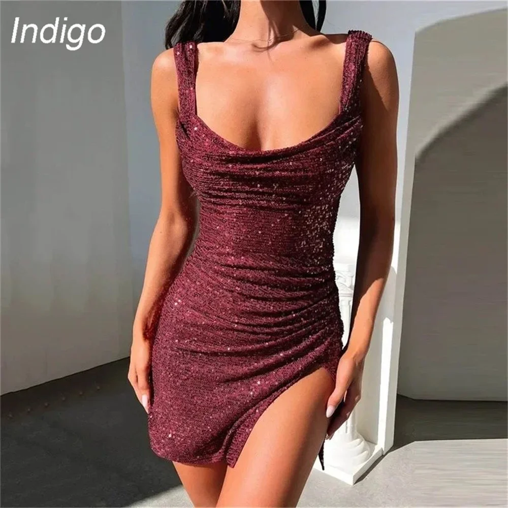 

Indigo Homecoming Dress Scoop Collar Spaghetti Straps Open Back Split Bow Short Party Gown Formal Occasion Dress فساتين السهرة