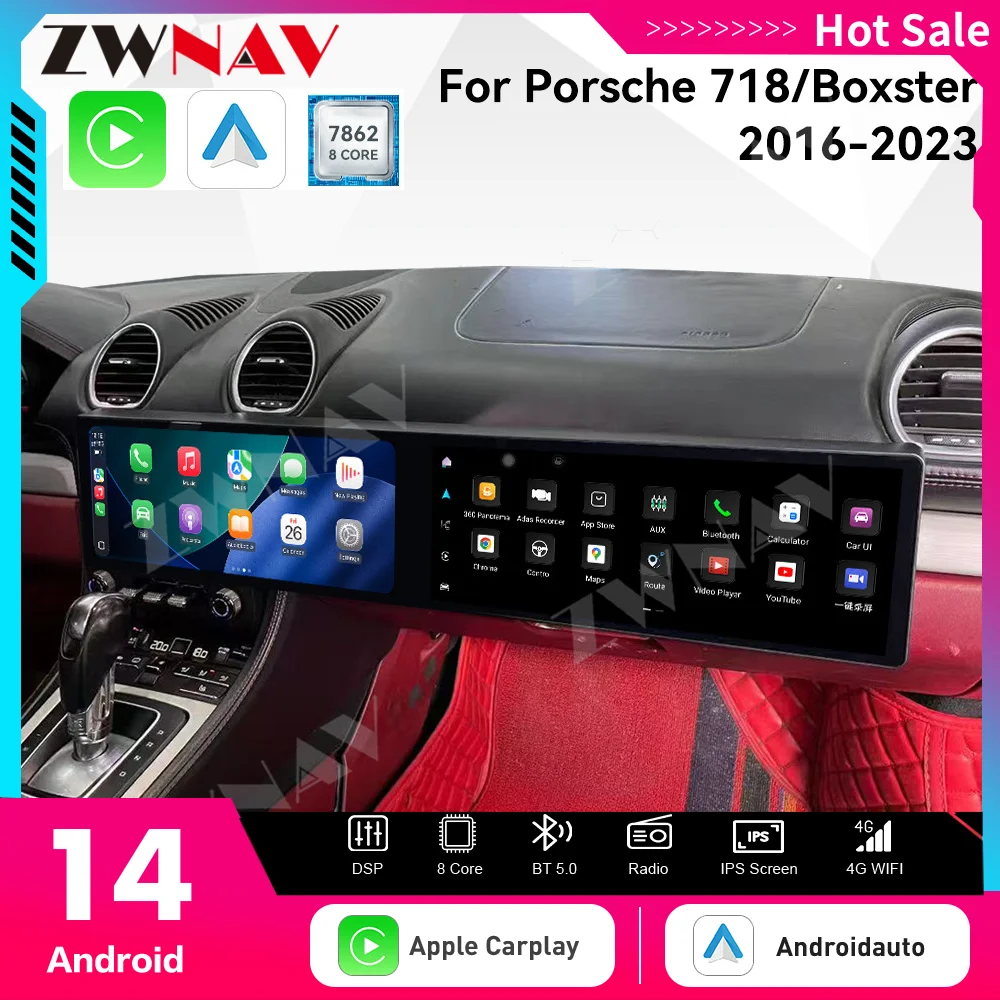 Dual Screen 12.3' Qualcomm Car GPS Android14 Navigation For Porsche 718/Boxster 2016-2023 Head Unit Multimedia Player Car Radio