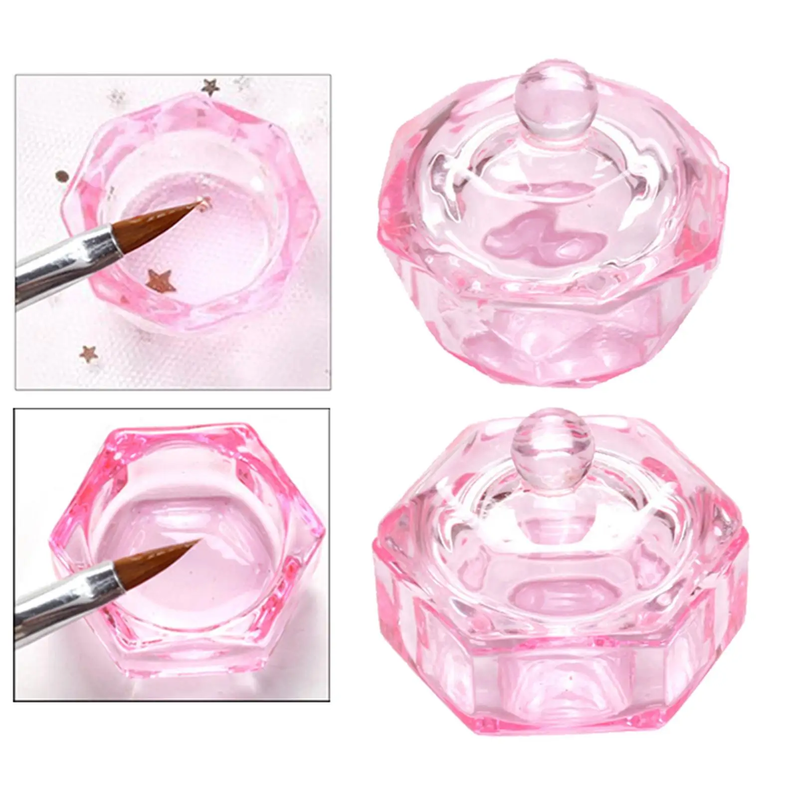 Plato de cristal con tapa, cuenco rosa para arte de uñas, acrílico líquido y polvo