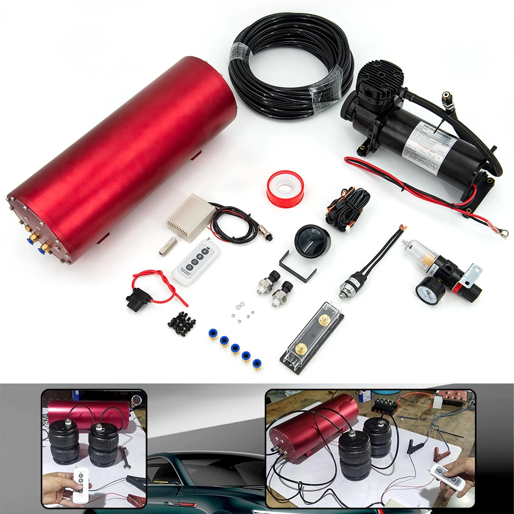 Universal Integrated Air Suspension Kit with Air Tank,200 PSI Air Compressor,1 Pcs Dual Air Pressure Gauge ,Remote Controller