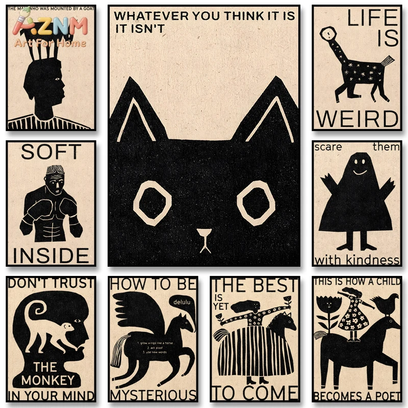 

Настенный холст AZNM с минималистичным изображением черной кошки, винтажный постер с типографским принтом «Странная жизнь», причудливая иллюстрация обезьяны, призрака, козла