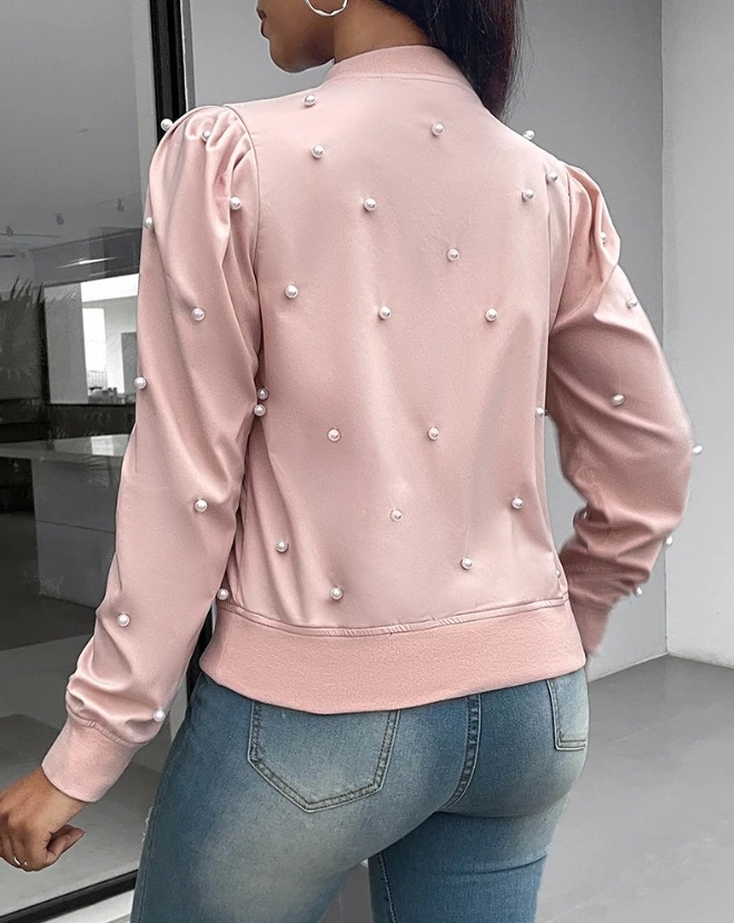 2023 Autumn Winter Spring New Fashion Casual Beaded Baseball Collar Zipper Design Jacket Coat Female Clothing Outfits