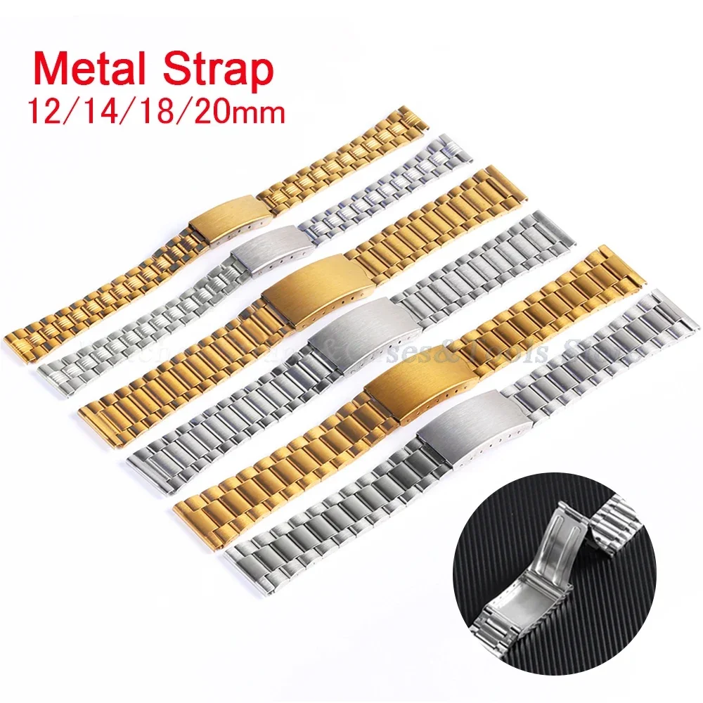 Stainless Steel Watch Band Strap 12mm 14mm 18mm 20mm for Samsung Galaxy Wacth Wrist Band Gold Metal Bracelet Folding Buckle Belt