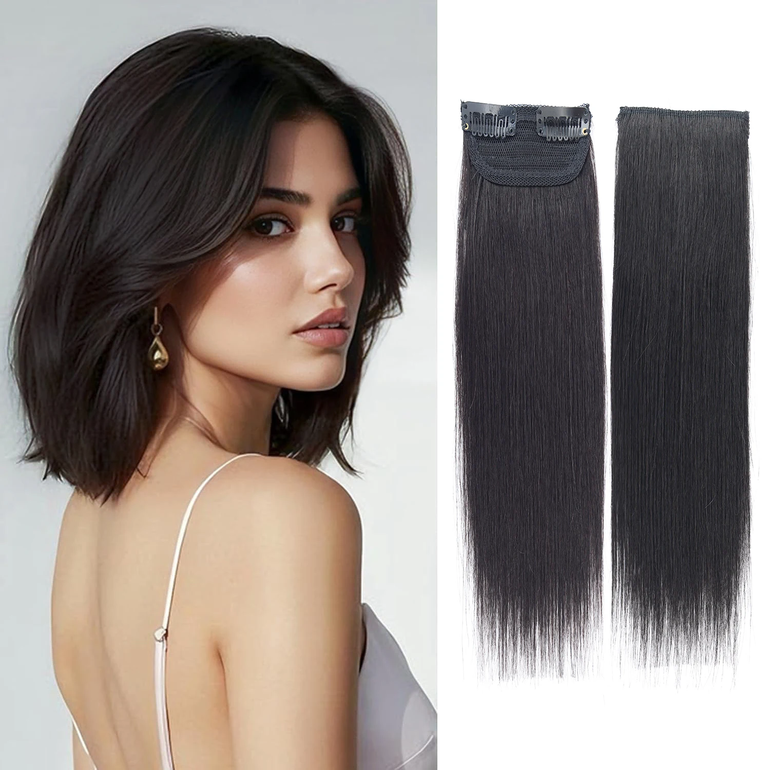 2個入り、短いヘアエクステンション、クリップ式、人毛製、レミーヘア、女性用、薄毛対策、ボリュームアップ。
