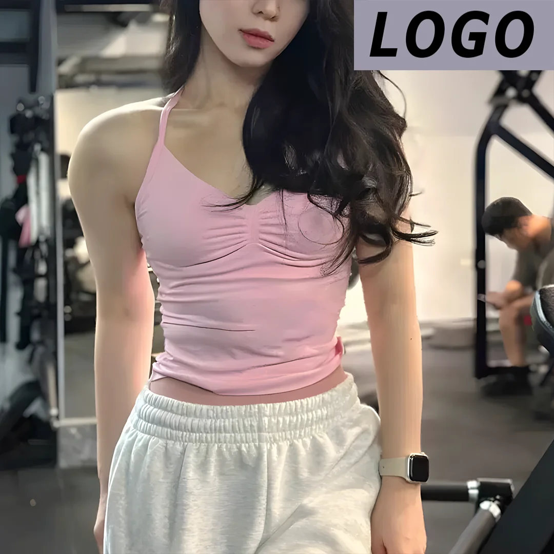 LOGO DF Seamless Strappy Yoga Tank Top For Women Longline V‑Neck Sport Vest Removable Pads Breathable Gym Running Workout Fitnes