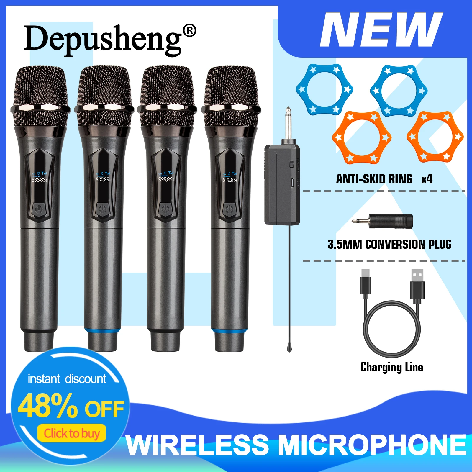 

Depusheng 1/2/4Channel Wireless Microphone System with Rechargeable Receiver Cordless Handheld Mic for Karaoke Church Party