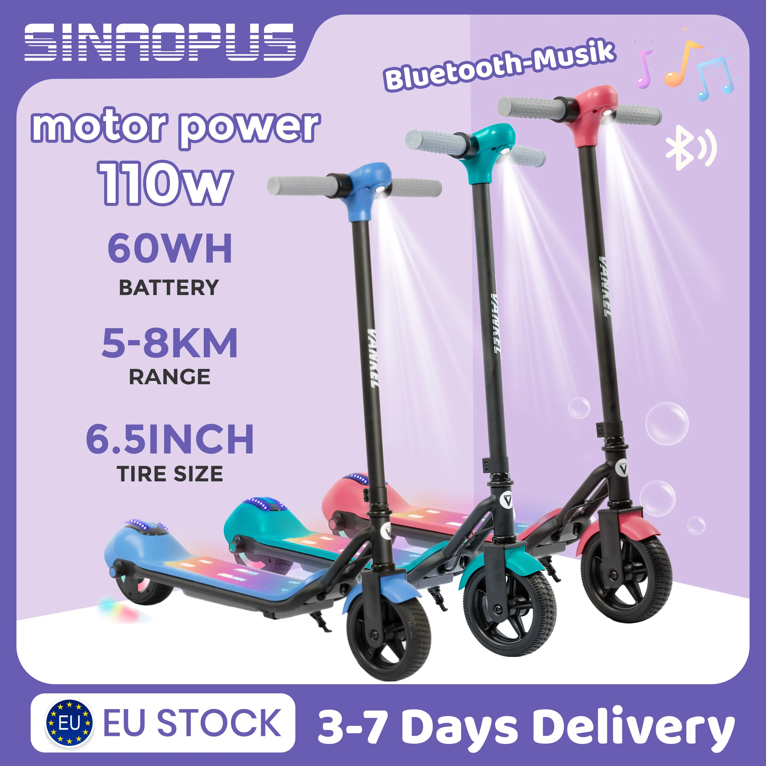 Scooter électrique Sinaopus pour enfants de 6 à 12 ans, scooter électrique pour enfants de 6,5 pouces avec musique Bluetooth, vitesse maximale de 14 km/h, voiture électrique